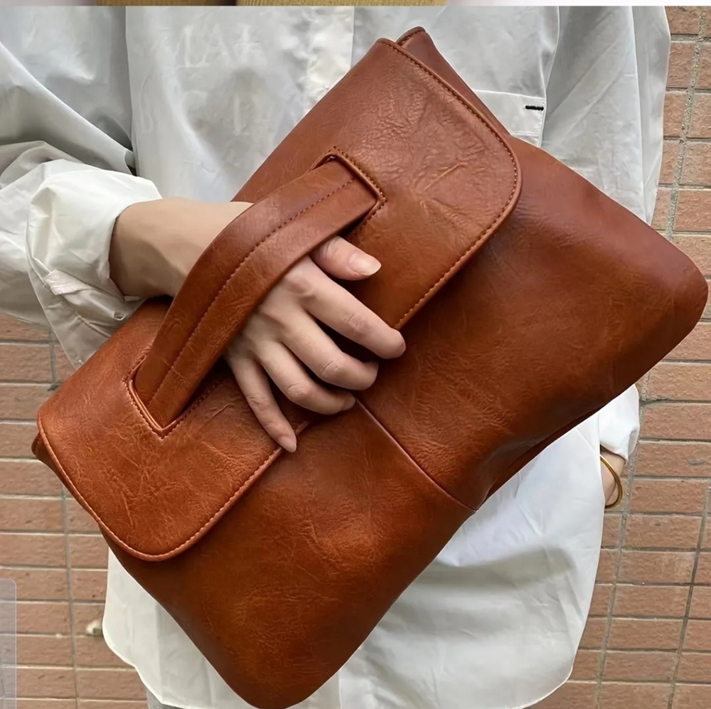 Large Brown Clutch Bag Vegan Leather Elegant Lightweight Evening Handbag Pockets